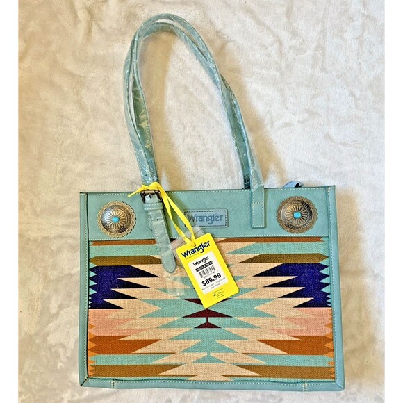 NEW Wrangler Aztec Large Shoulder Tote Bag Concealed Carry Turquoise Southwest - Picture 1 of 13